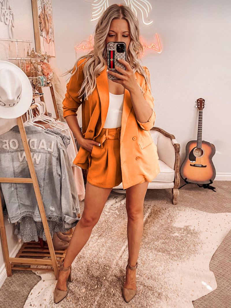 Tweedelig Pak Salie Effen Kleur Set Klassieke Blazer Jas Riem Korte Broek Kraag Lente Herfst Outfit Dames - Oranje