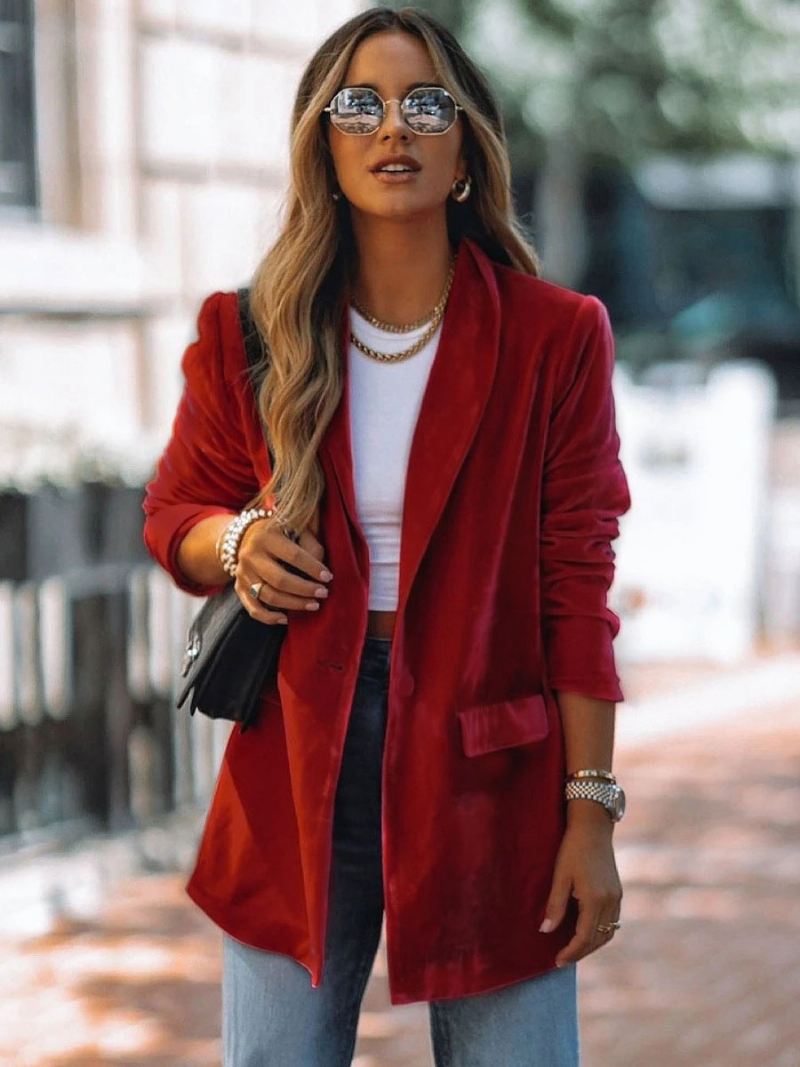 Velours Lang Blazerjack Dames Rood Effen Kleur Chique Oversized Lente Herfst Relaxte Straatbovenkleding - Rood