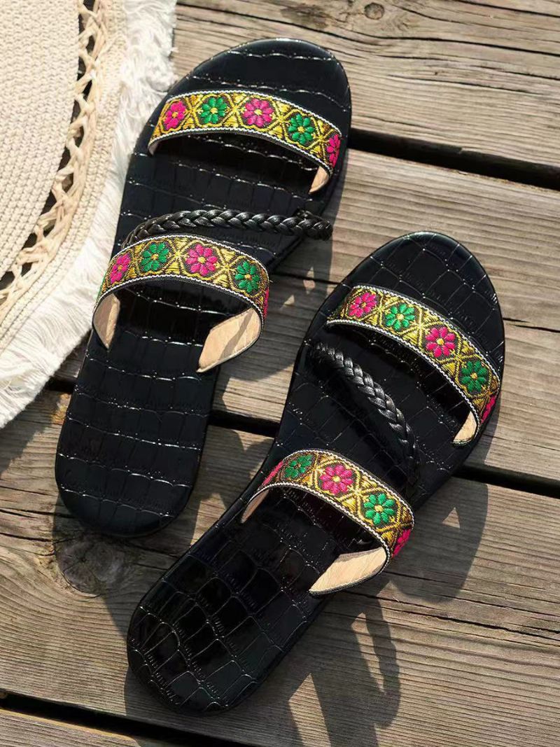 Boho Sandaal Slides Dames Open Teen Platte Strandslippers - Zwart