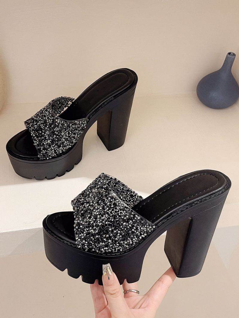 Dames Pailletten Slingbacks Muiltjes Met Dikke Hak Pu-leer Zwart - Zwart