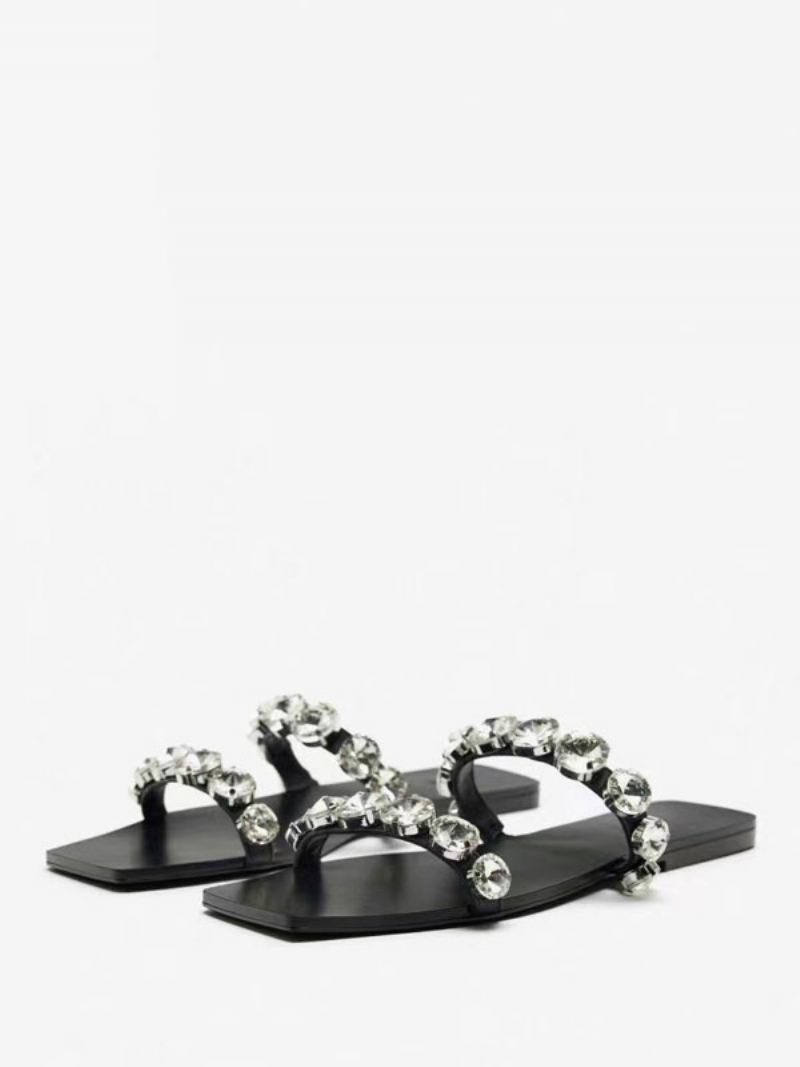 Dames Strass Open Teen Pu Lederen Schuifsandalen Plat Zwart