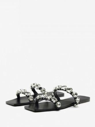 Dames Strass Open Teen Pu Lederen Schuifsandalen Plat Zwart