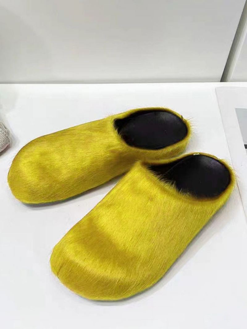 Dames Winterslippers Imitatiebont Haar Kalfsleer Ronde Neus Slippers - Geel