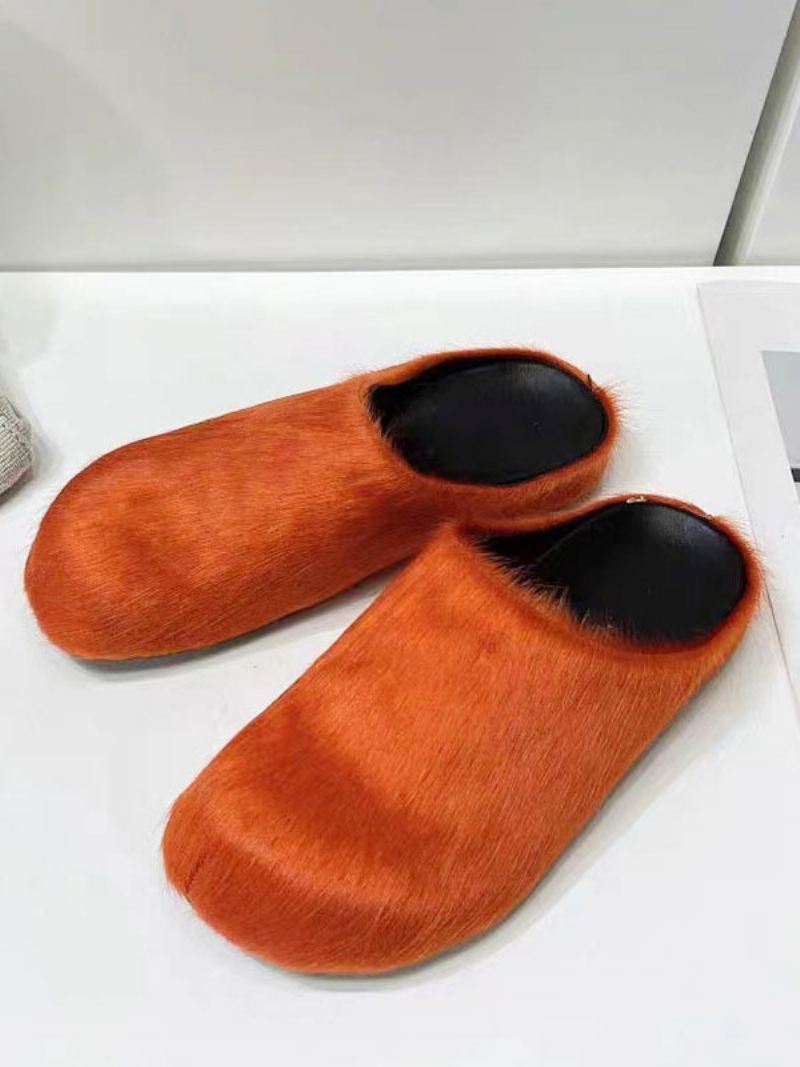 Dames Winterslippers Imitatiebont Haar Kalfsleer Ronde Neus Slippers - Oranje