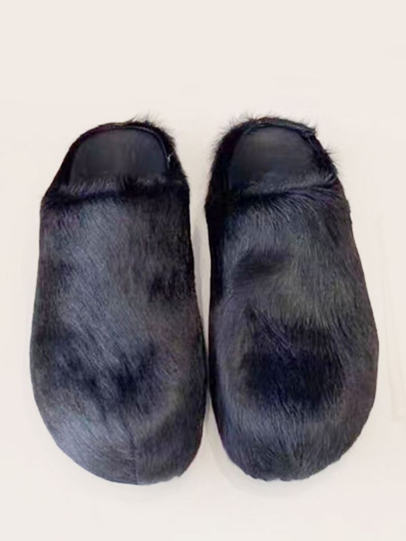 Dames Winterslippers Imitatiebont Haar Kalfsleer Ronde Neus Slippers - Zwart