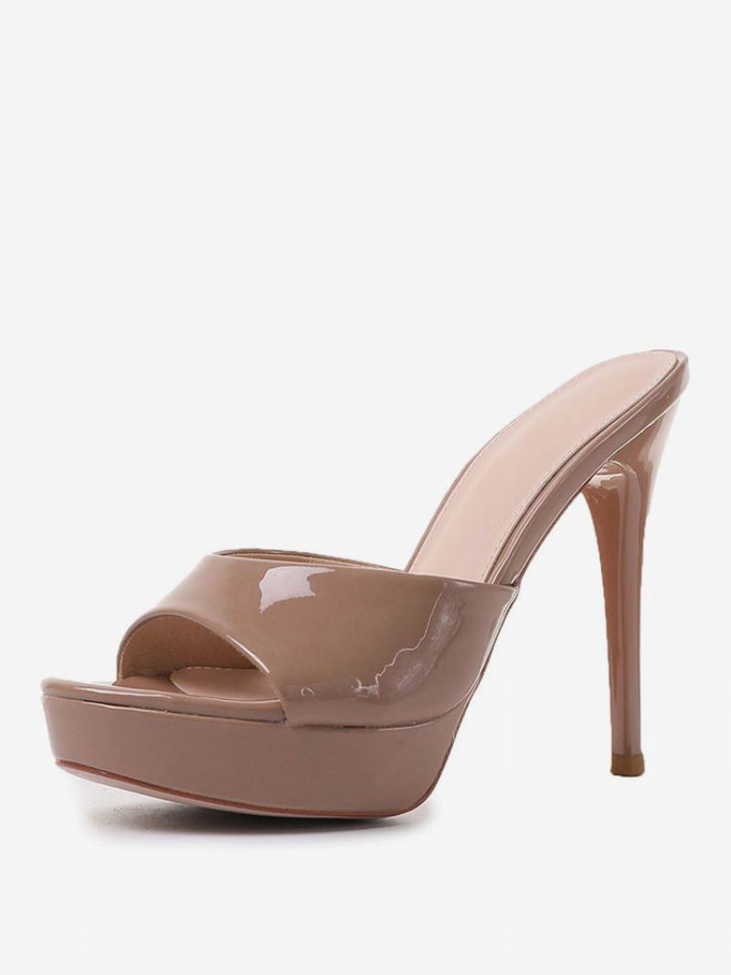 Damespantoffels Kaki Patent Pu Peep Toe Naaldhak Slingbacks Sexy Hakpantoffels