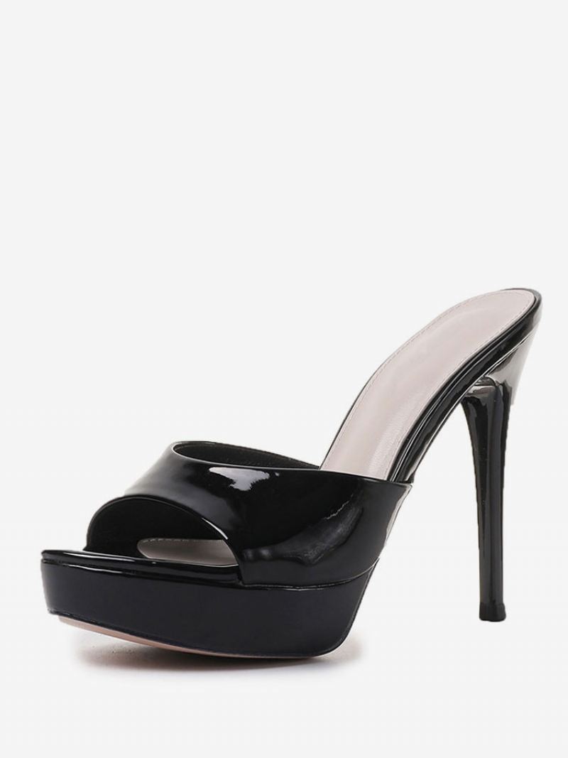 Damespantoffels Kaki Patent Pu Peep Toe Naaldhak Slingbacks Sexy Hakpantoffels - Zwart