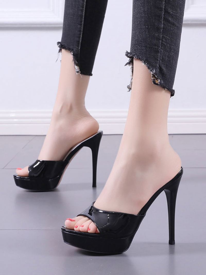 Damespantoffels Kaki Patent Pu Peep Toe Naaldhak Slingbacks Sexy Hakpantoffels - Zwart