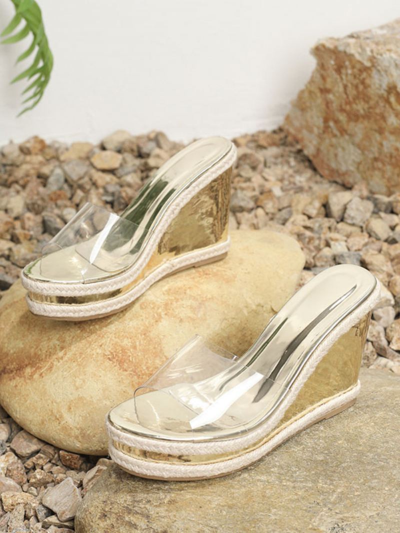 Damesslippers Chique Pvc-bovenwerk Peep Toe-slippers Met Sleehak - Goud