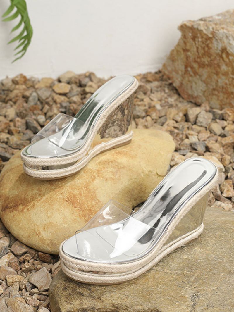 Damesslippers Chique Pvc-bovenwerk Peep Toe-slippers Met Sleehak - Zilver