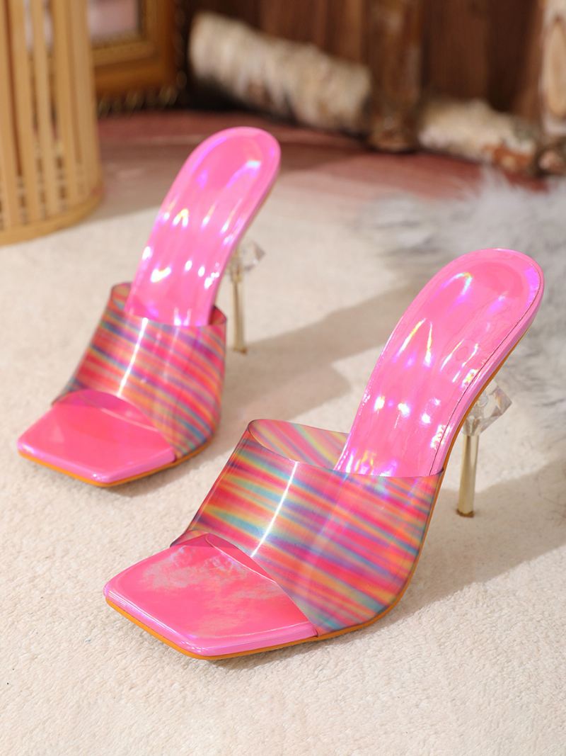 Damesslippers Sexy Pvc-slippers Met Vierkante Neus Naaldhak - Roze