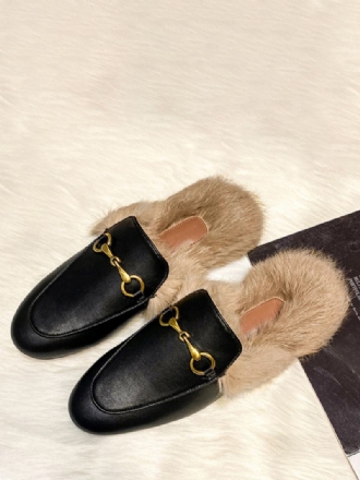 Muiltjesloafers Dames Zwarte Muilezelschoenen Met Ronde Neus Imitatiebontdetail