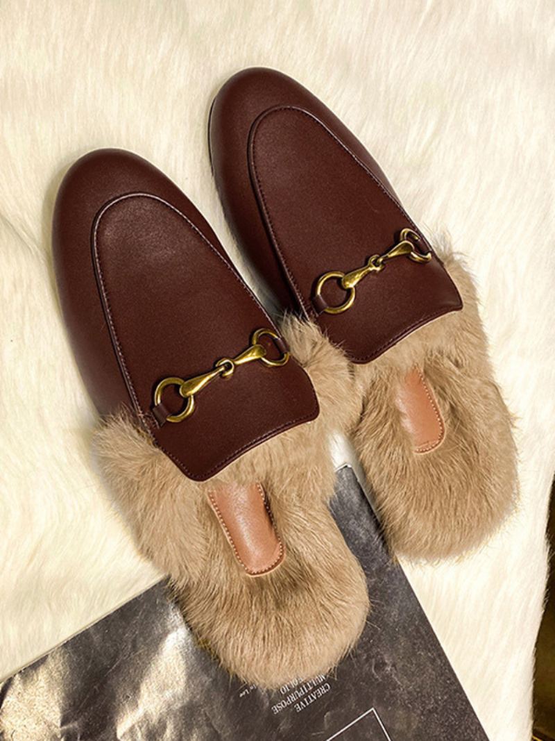 Muiltjesloafers Dames Zwarte Muilezelschoenen Met Ronde Neus Imitatiebontdetail - Koffiebruin