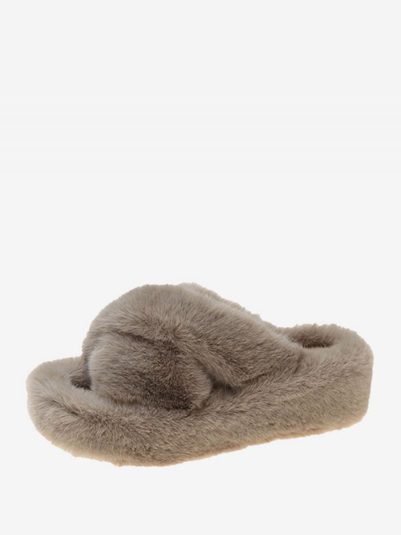 Winterpantoffels Dames Open Teen Gebreide Wollen Platte Slippers - Camel