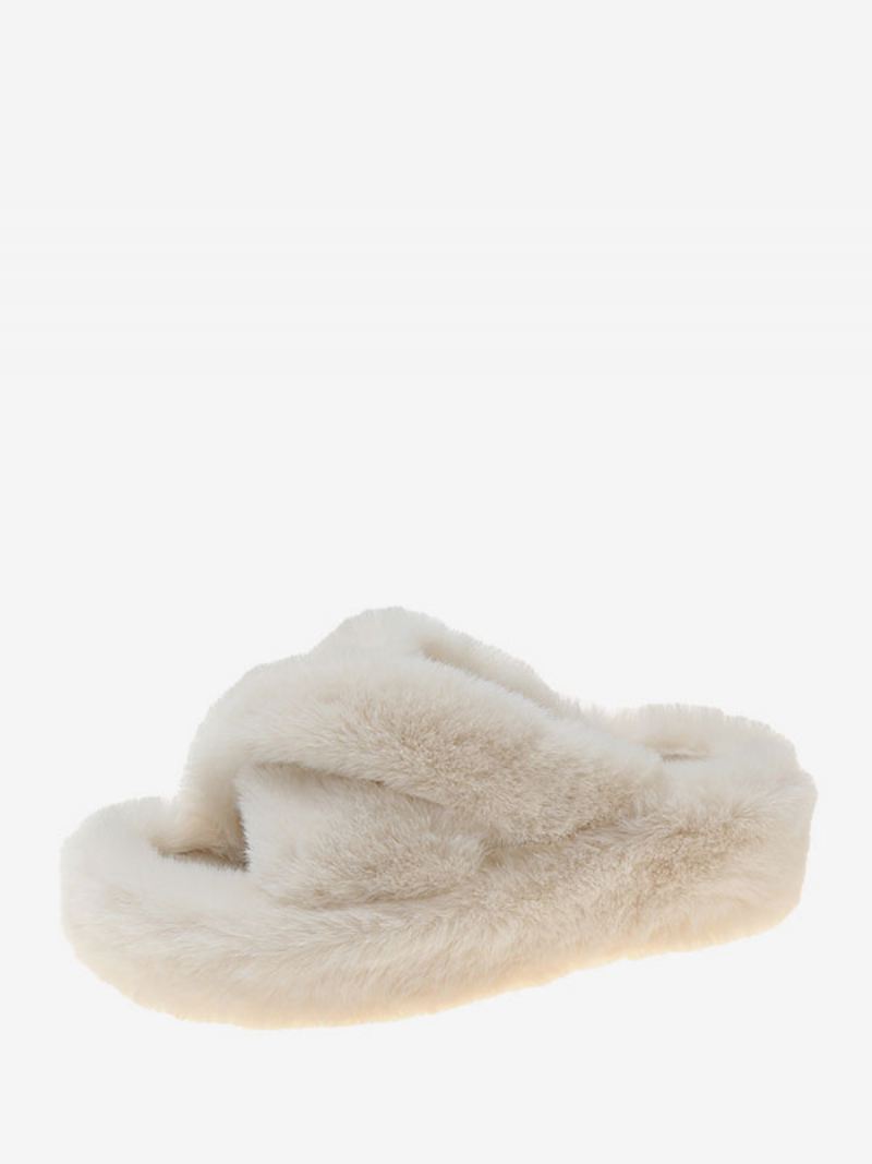 Winterpantoffels Dames Open Teen Gebreide Wollen Platte Slippers - Beige