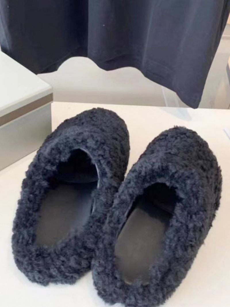 Winterslippers Dames Lamswol Met Ronde Neus - Zwart