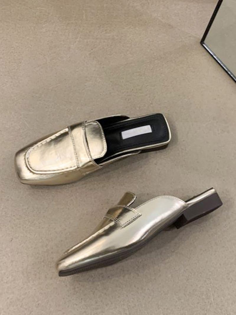 Witte Muiltjes Met Vierkante Neus Rugloze Loafers Dames - Lichtgoud