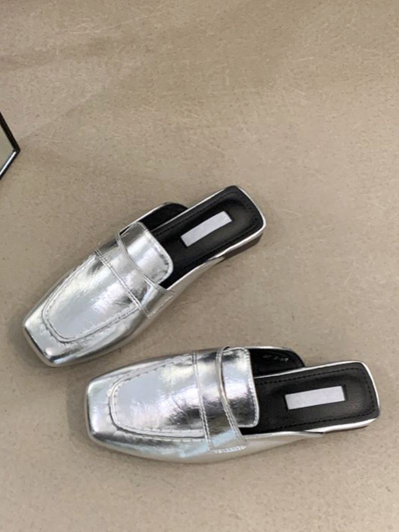 Witte Muiltjes Met Vierkante Neus Rugloze Loafers Dames - Zilver