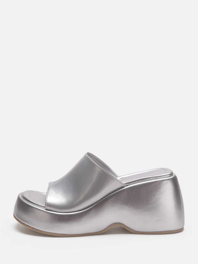 Zilveren Damessandaal Slides Zilver Metallic Platform Platte Instappers