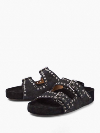 Zwarte Damessandalen Chique Nubuck-slippers Met Ronde Neus