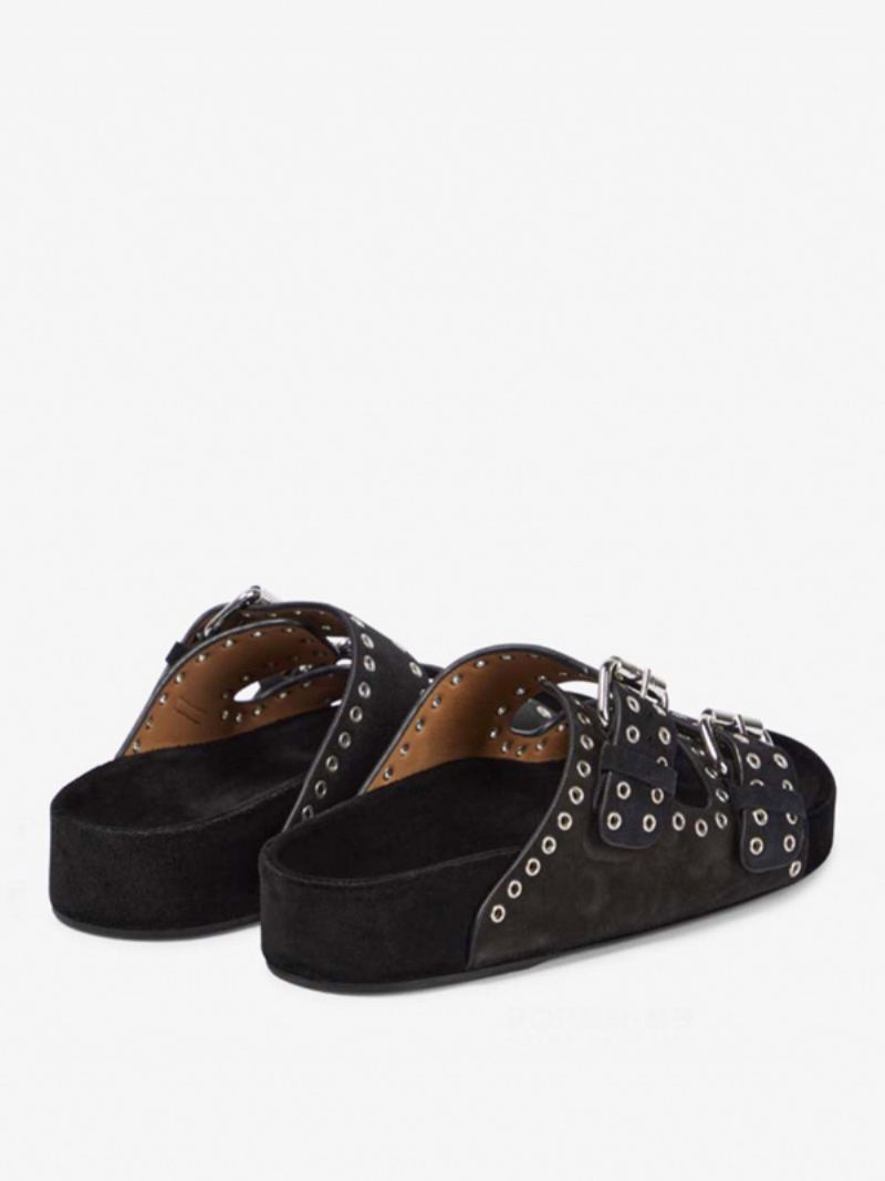 Zwarte Damessandalen Chique Nubuck-slippers Met Ronde Neus - Zwart