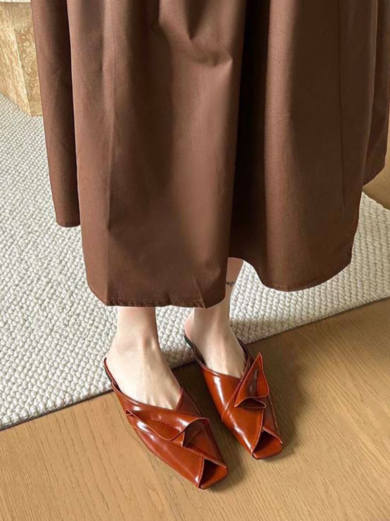 Zwarte Muiltjes Met Vierkante Neus Pu-ontworpen Rugloze Slip-on Pantoffels Dames - Koffiebruin