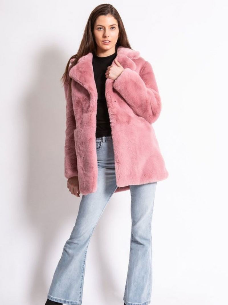 Dames Imitatiebontjassen Met Lange Mouwen Casual Kraag Roze Winterjas - Roze