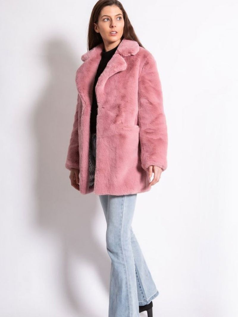 Dames Imitatiebontjassen Met Lange Mouwen Casual Kraag Roze Winterjas - Roze