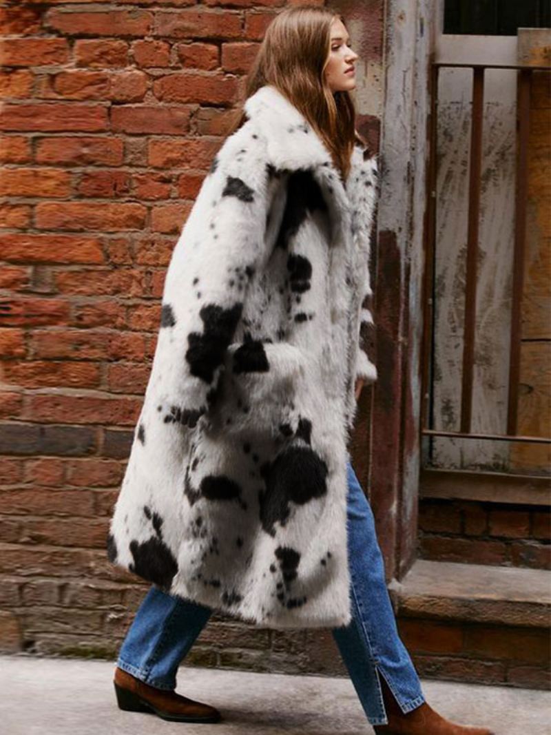 Damesjassen Imitatiebont Kraag Oversized Chique Winterjas Met Dierenprint - Beige