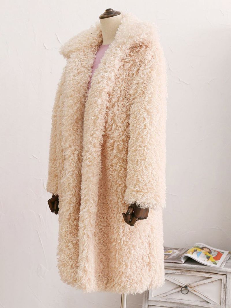 Damesjassen Imitatiebont Lange Mouwen Casual Nepbontjas Oversized Kraag Roze Winterjas - Beige