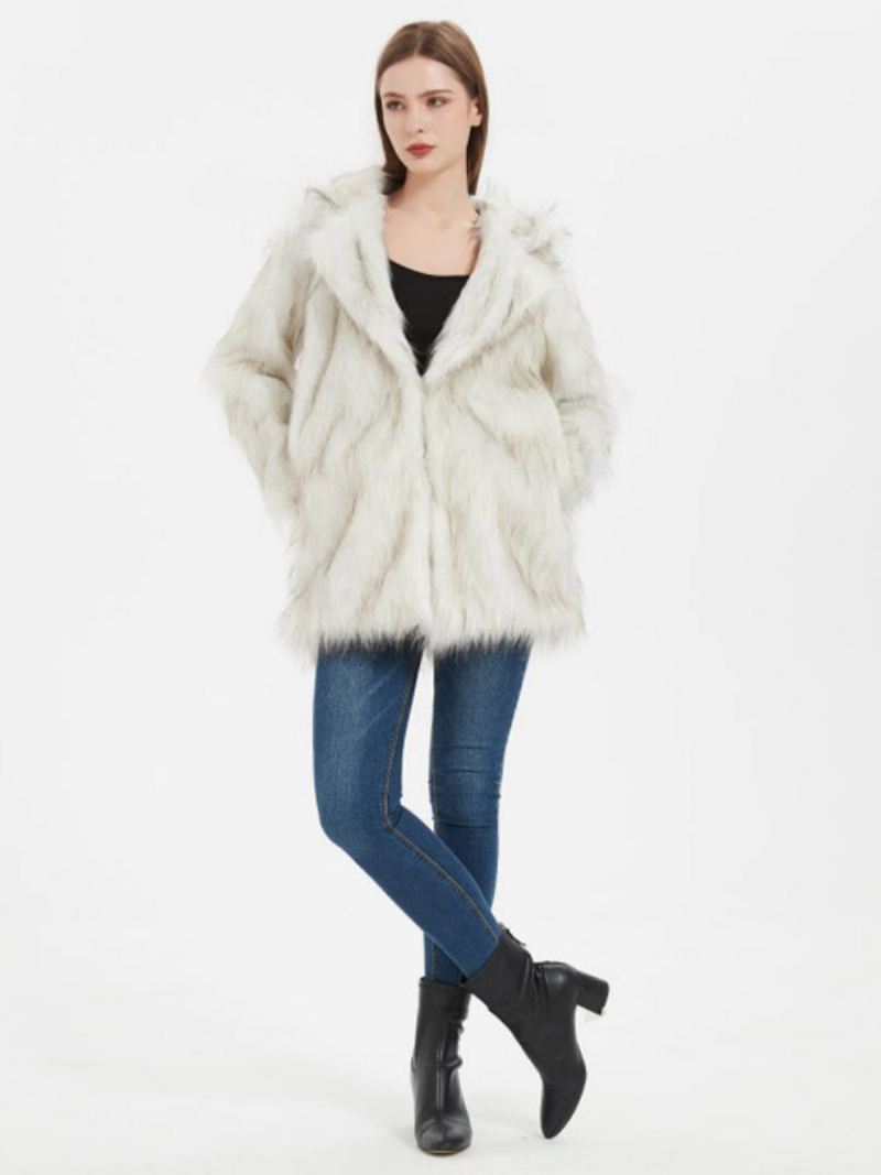 Damesjassen Imitatiebont Lange Mouwen Casual Nepbontjas Oversized Witte Winterjas Met Capuchon - Wit