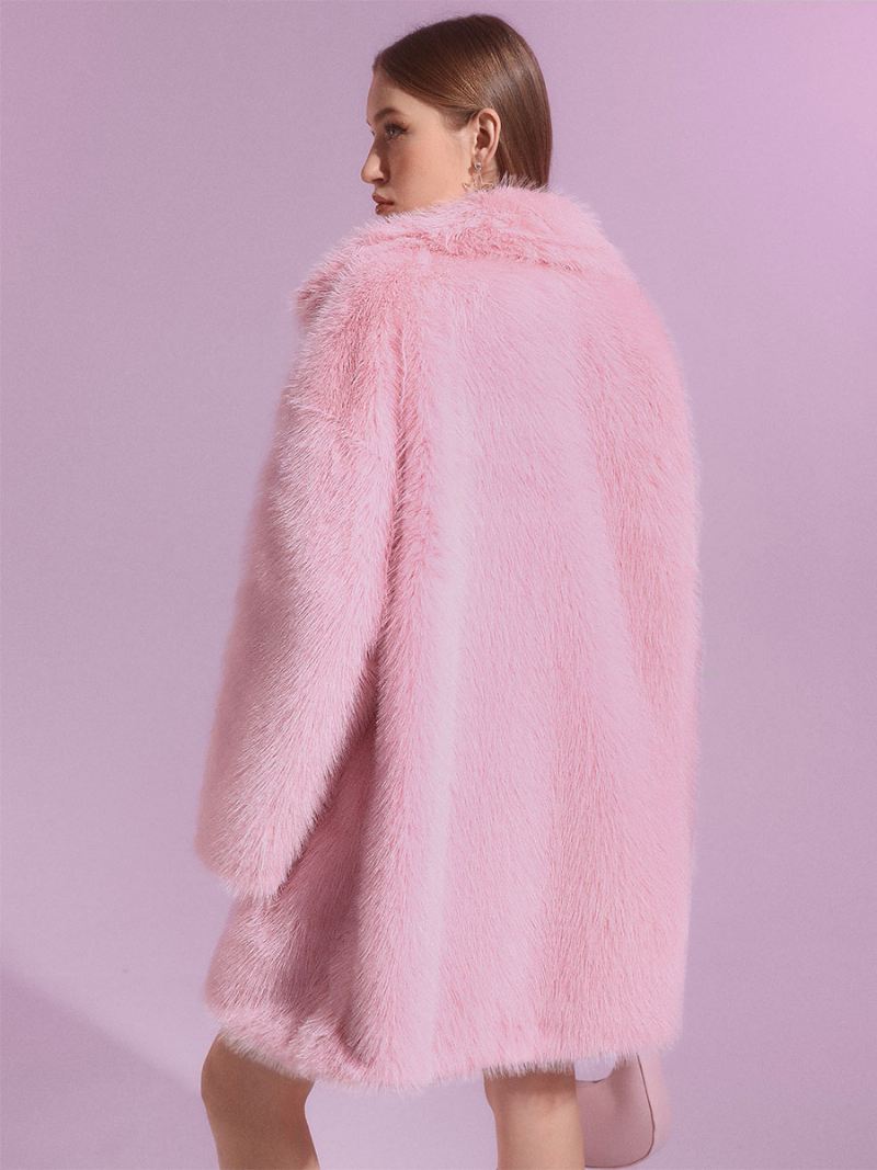 Damesjassen Imitatiebont Roze Lange Mouwen Oversized Winterbovenkleding Met Knoop Voorkant - Roze