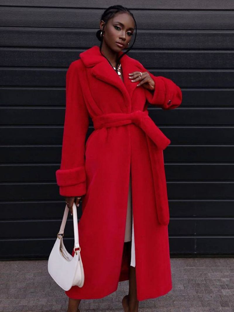 Damesjassen Imitatiebont Zwarte Hoge Taille Lange Mouwen Nepbontjas Oversized Winterjas Met Veters - Rood