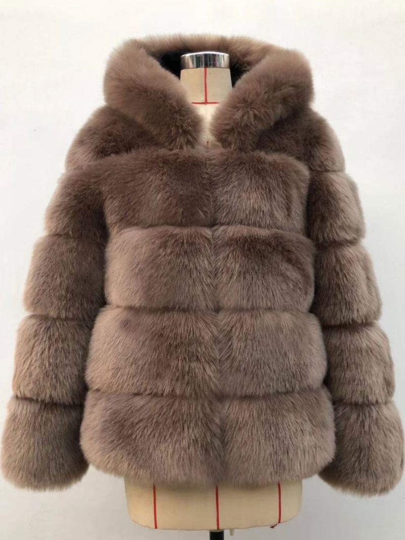 Imitatiebontjas Met Capuchon Korte Winterbovenkleding Dames - Camel