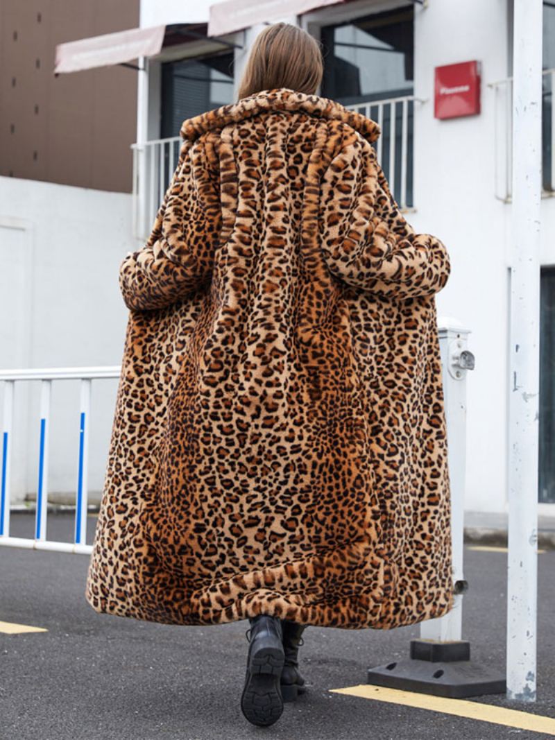 Lange Jassen Met Imitatiebont Luipaardwinterbovenkleding Dames - Koffie Bruin