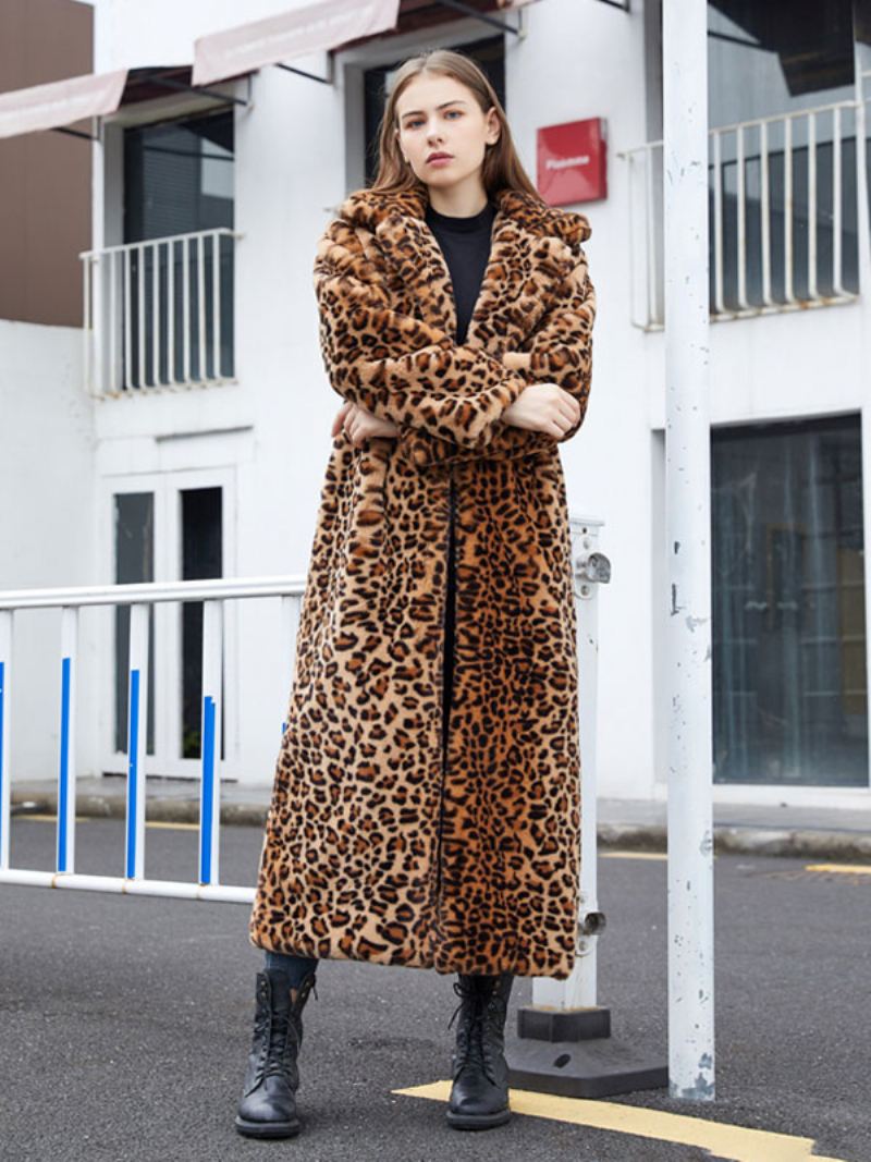 Lange Jassen Met Imitatiebont Luipaardwinterbovenkleding Dames - Koffie Bruin