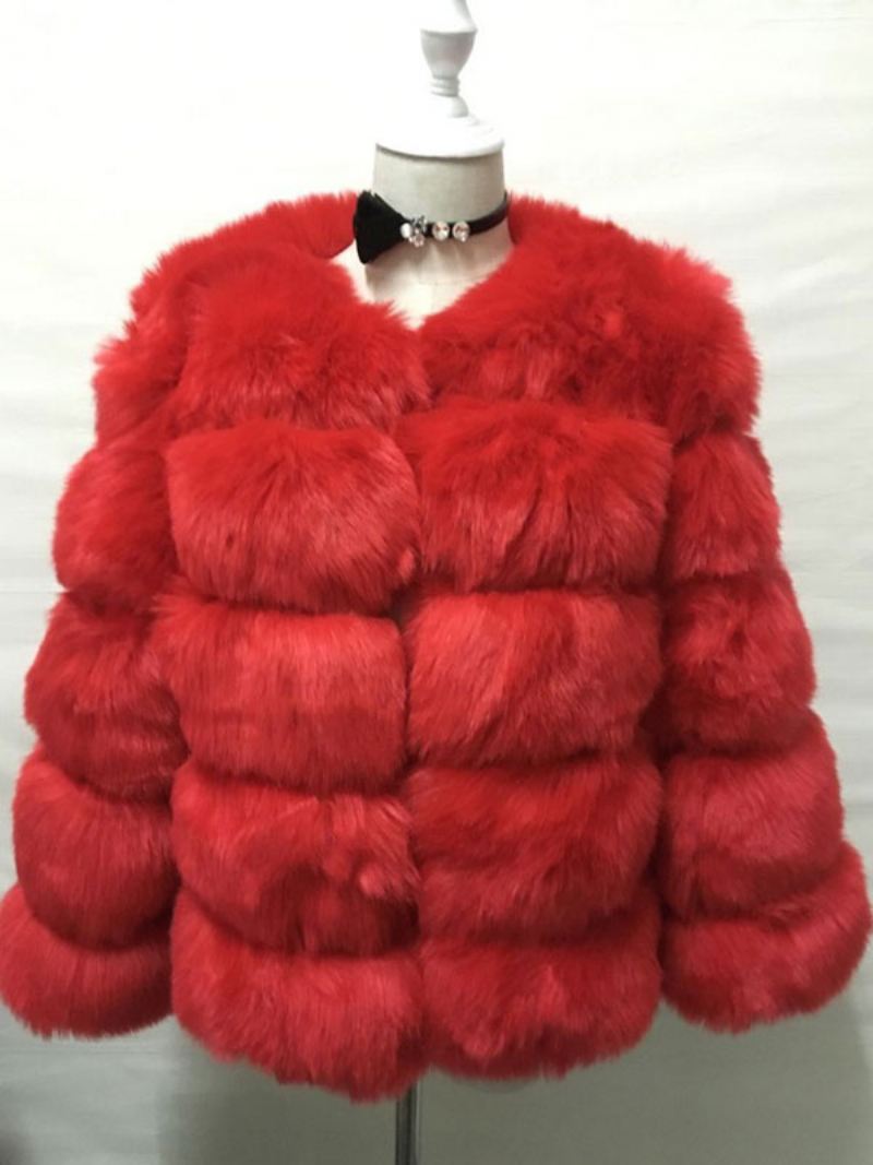 Pluche Namaakbontjas Winter Korte Bovenkleding Dames - Rood