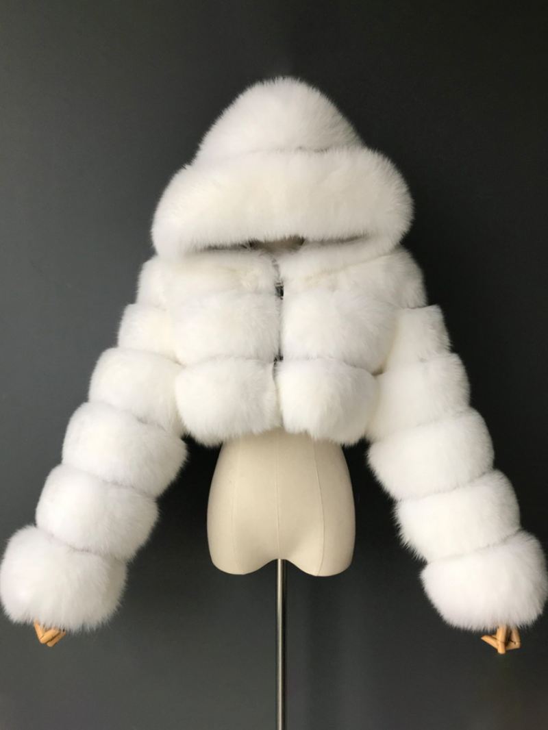 Witte Nepbontjassen Met Korte Capuchon Dameswinterbovenkleding