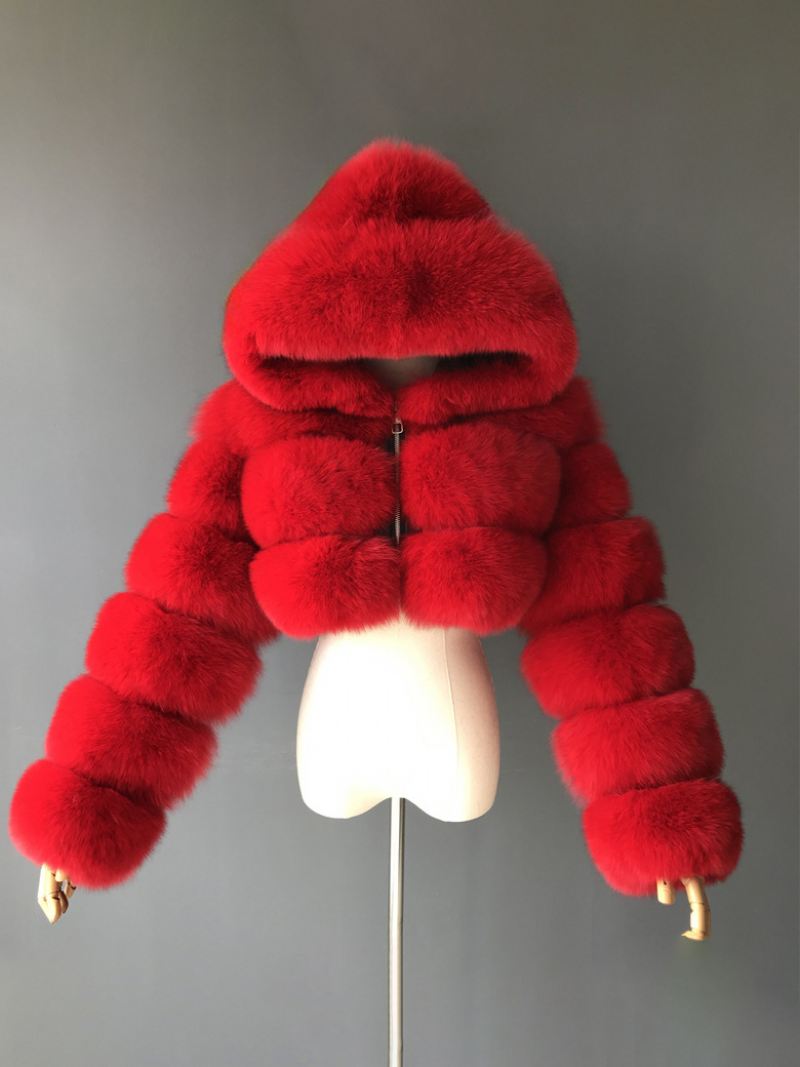 Witte Nepbontjassen Met Korte Capuchon Dameswinterbovenkleding - Rood