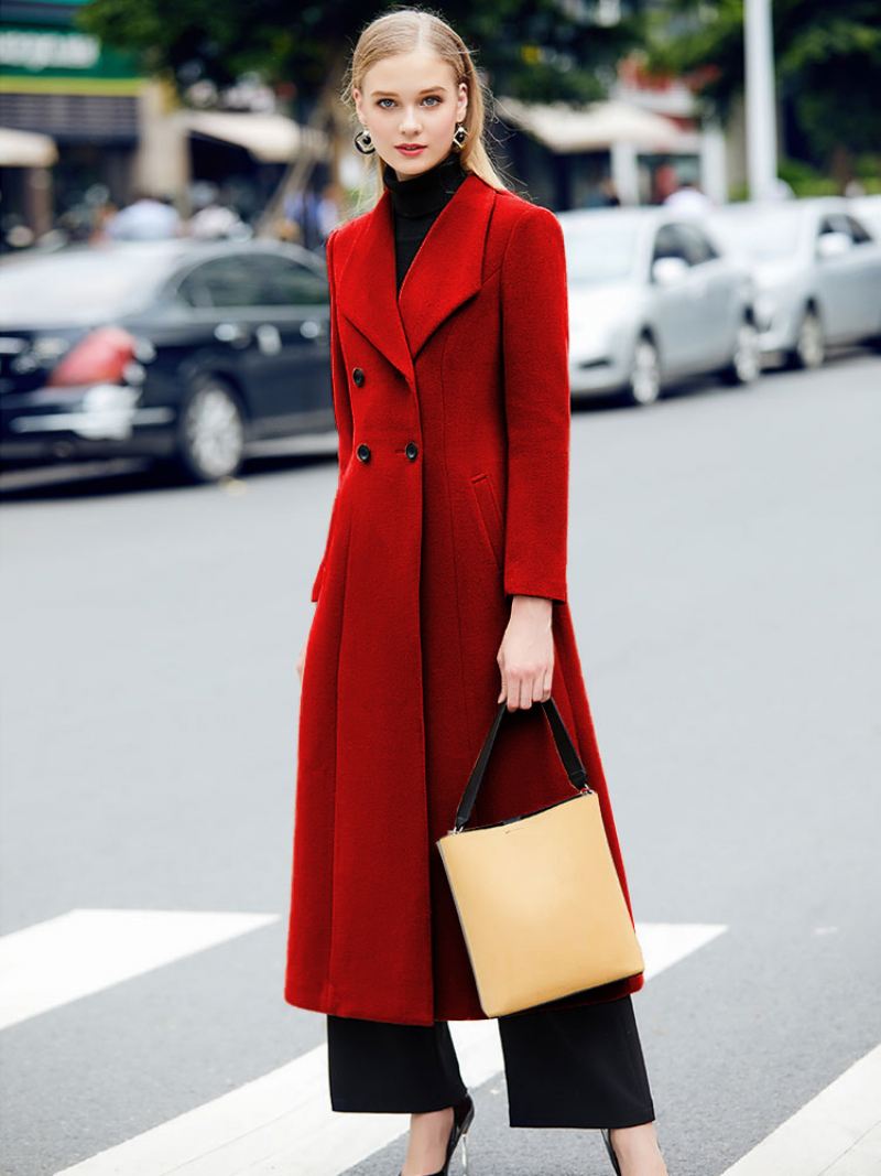 Grijze Erwtenjas Dames Winterlange Wollen Bovenkleding - Rood