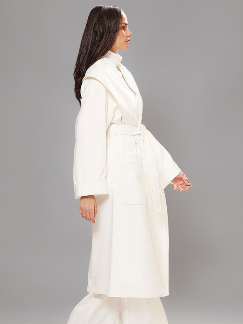 Witte Lange Overjas Dames Reversriem Chique Oversized Winterbovenkleding - Wit