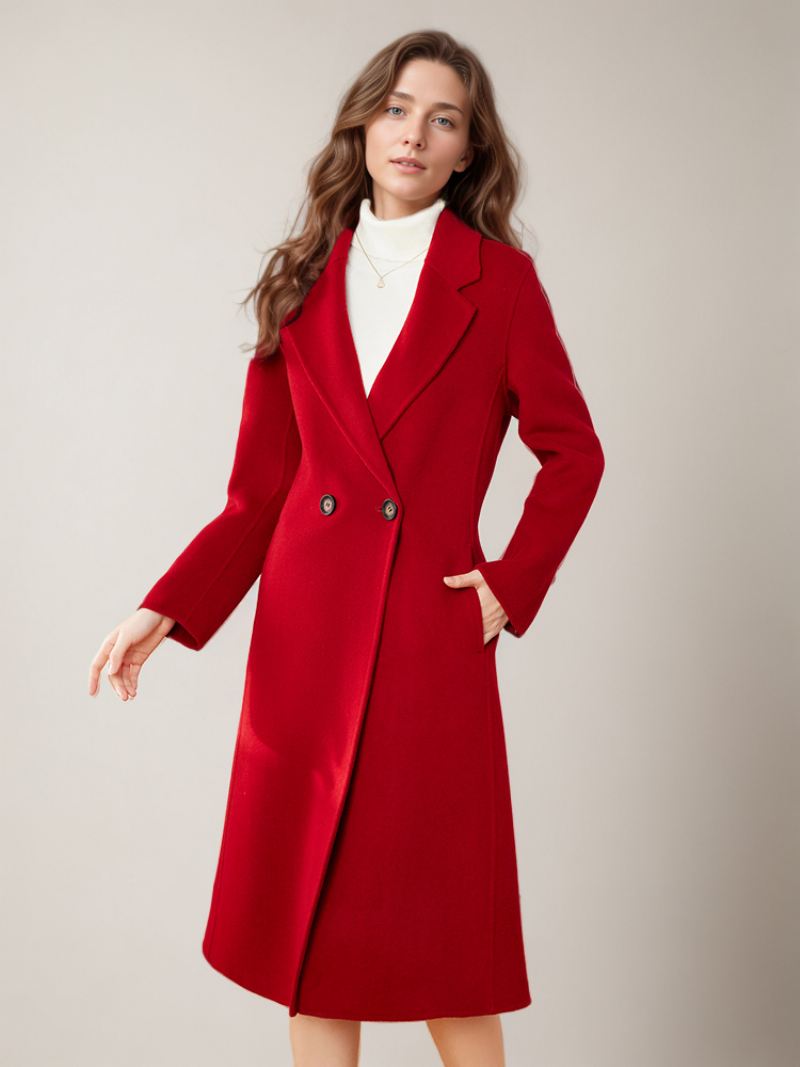 Wollen Jassen Revers Single-breasted Elegante Winterbovenkleding Dames - Rood