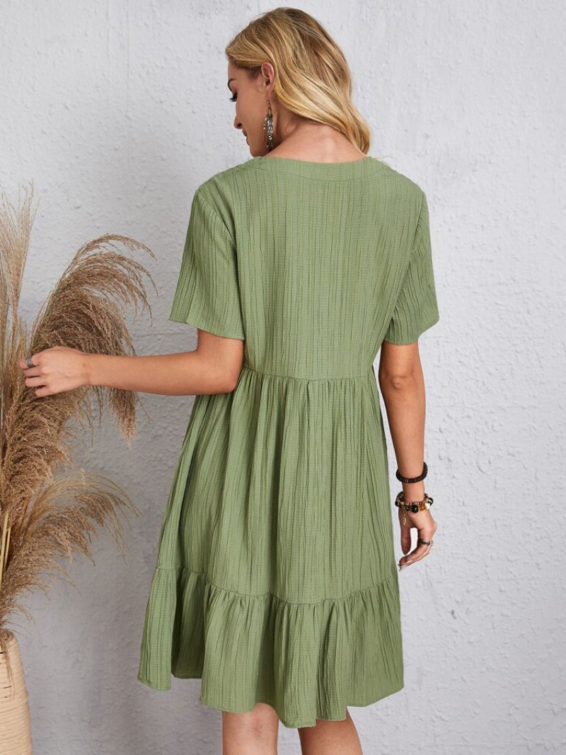 Dames Boho-jurk Met V-hals Korte Mouwen Geplooide Zomerjurk - Groen