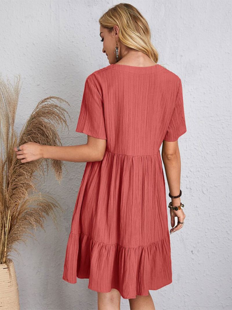 Dames Boho-jurk Met V-hals Korte Mouwen Geplooide Zomerjurk - Rood