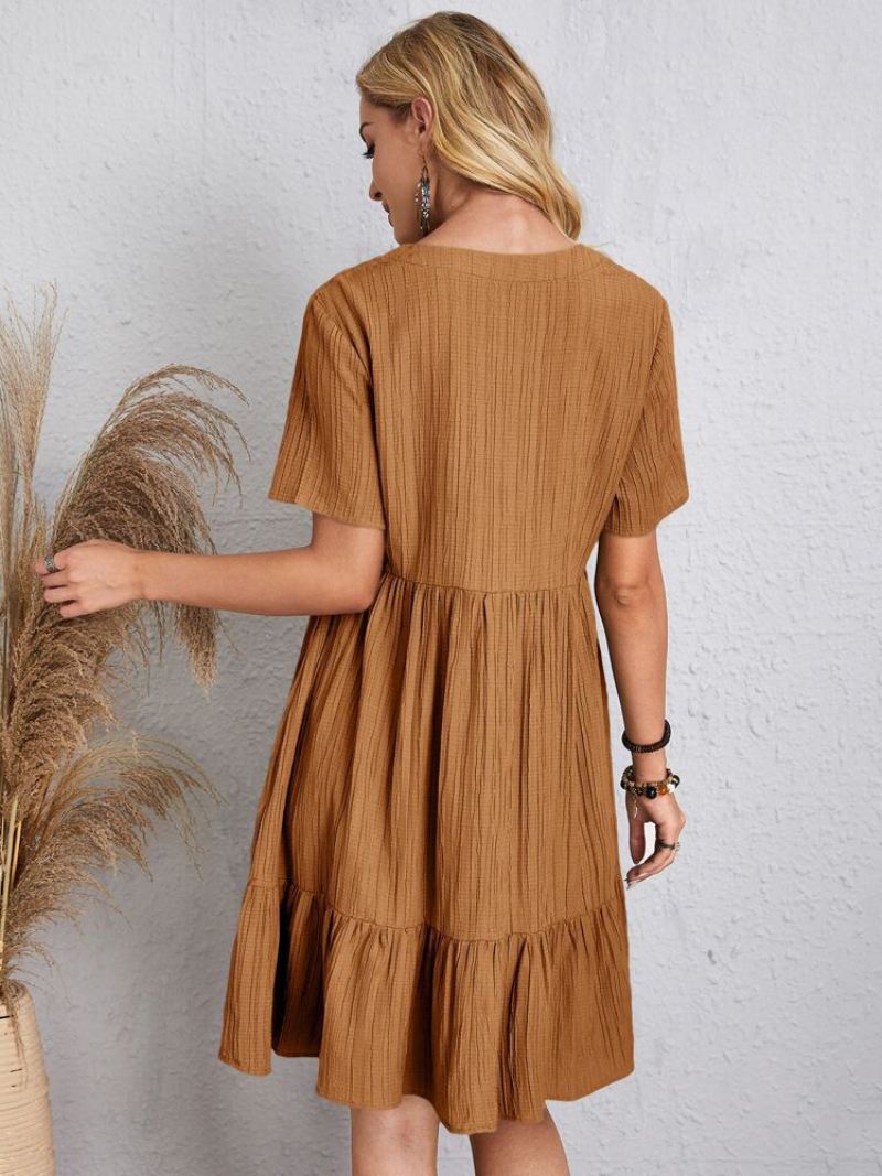 Dames Boho-jurk Met V-hals Korte Mouwen Geplooide Zomerjurk - Koffiebruin