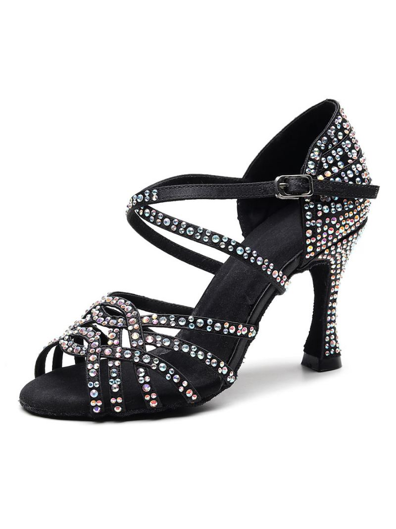 Aangepaste Latin-dansschoenen Dames Satijnzwart Peeptoe Luxe Ballroomdansschoenen Met Strass Steentjes