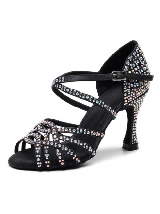 Aangepaste Latin-dansschoenen Dames Satijnzwart Peeptoe Luxe Ballroomdansschoenen Met Strass Steentjes