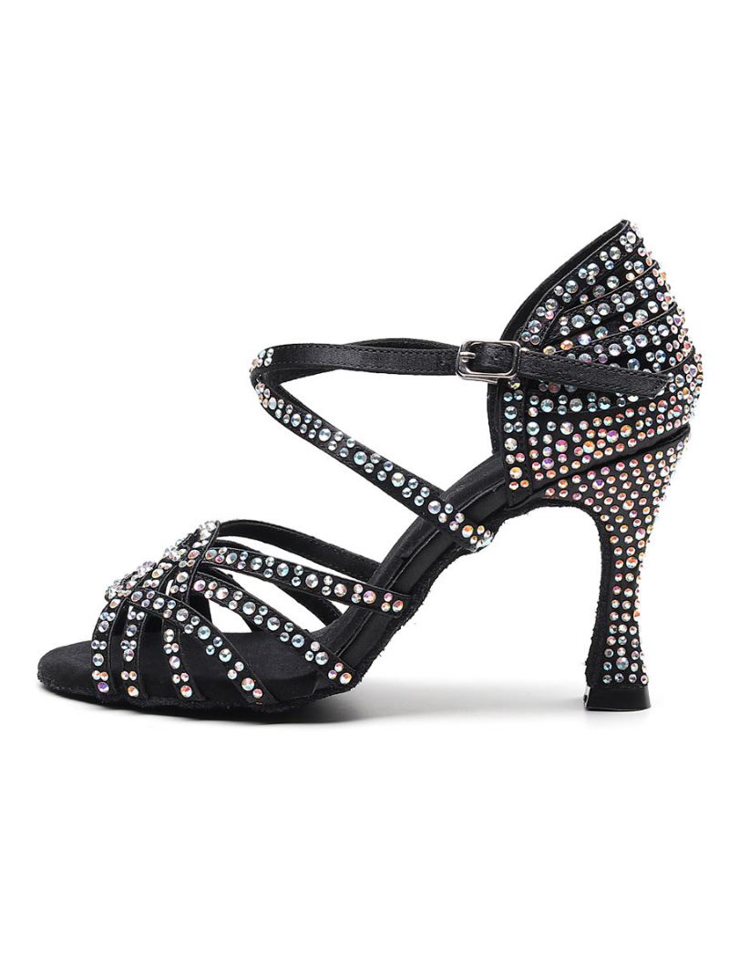 Aangepaste Latin-dansschoenen Dames Satijnzwart Peeptoe Luxe Ballroomdansschoenen Met Strass Steentjes - Zwart