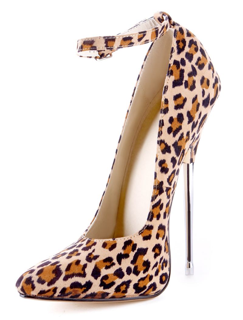 Abrikooskleurige Stoffen Stiletto's Met Luipaardprint Spitse Neus Dames