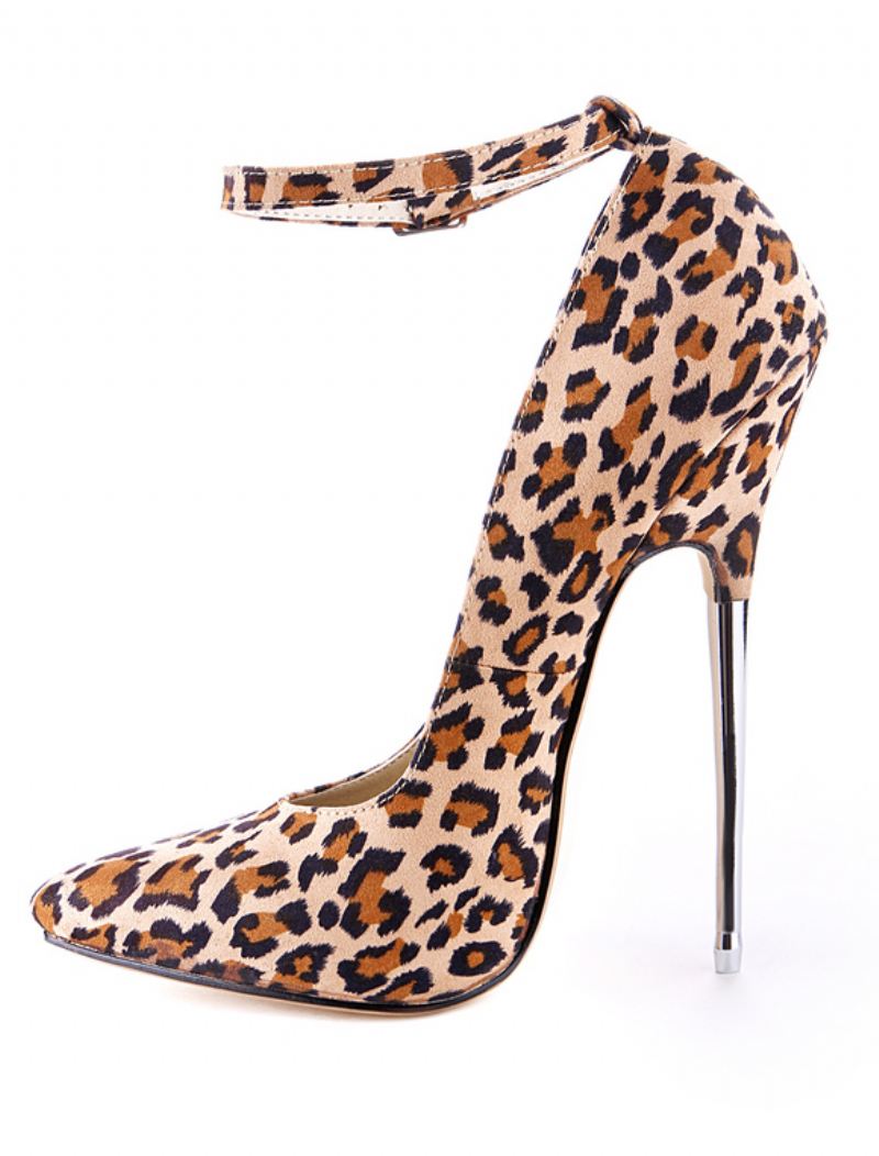 Abrikooskleurige Stoffen Stiletto's Met Luipaardprint Spitse Neus Dames - Licht Geel